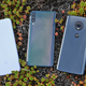 The Galaxy A50 side-by-side against its biggest competitors: the Pixel 3a (left) and the Moto G7 (right).